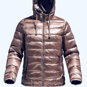 Andrew Marc Packable Puffer Jacket Hooded Metallic Gray New Without Tags
